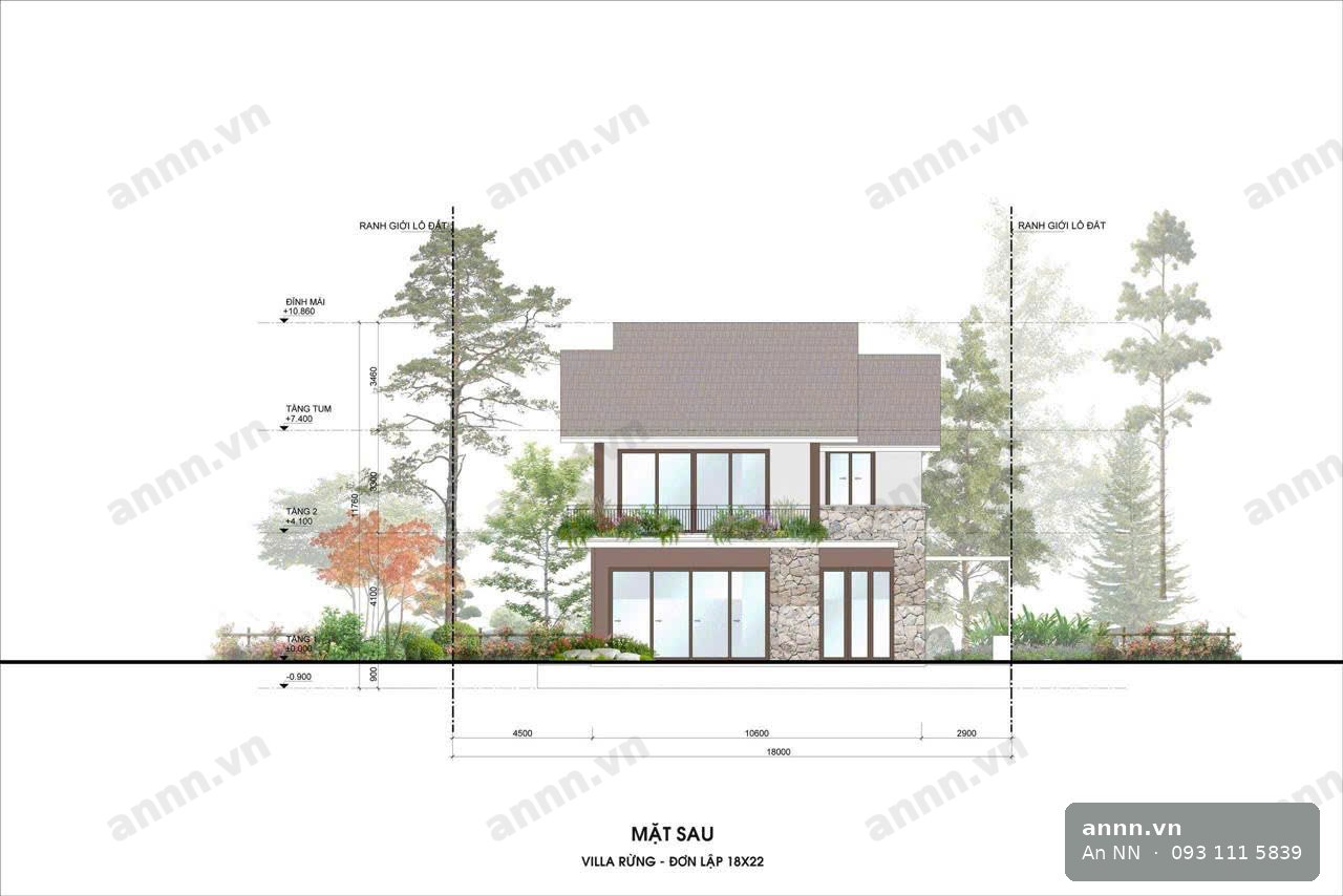 Mặt đứng phía sau — Villa Rừng – Đơn lập 18×22 m, thể hiện tương quan chiều cao công trình với lớp cây hiện hữu