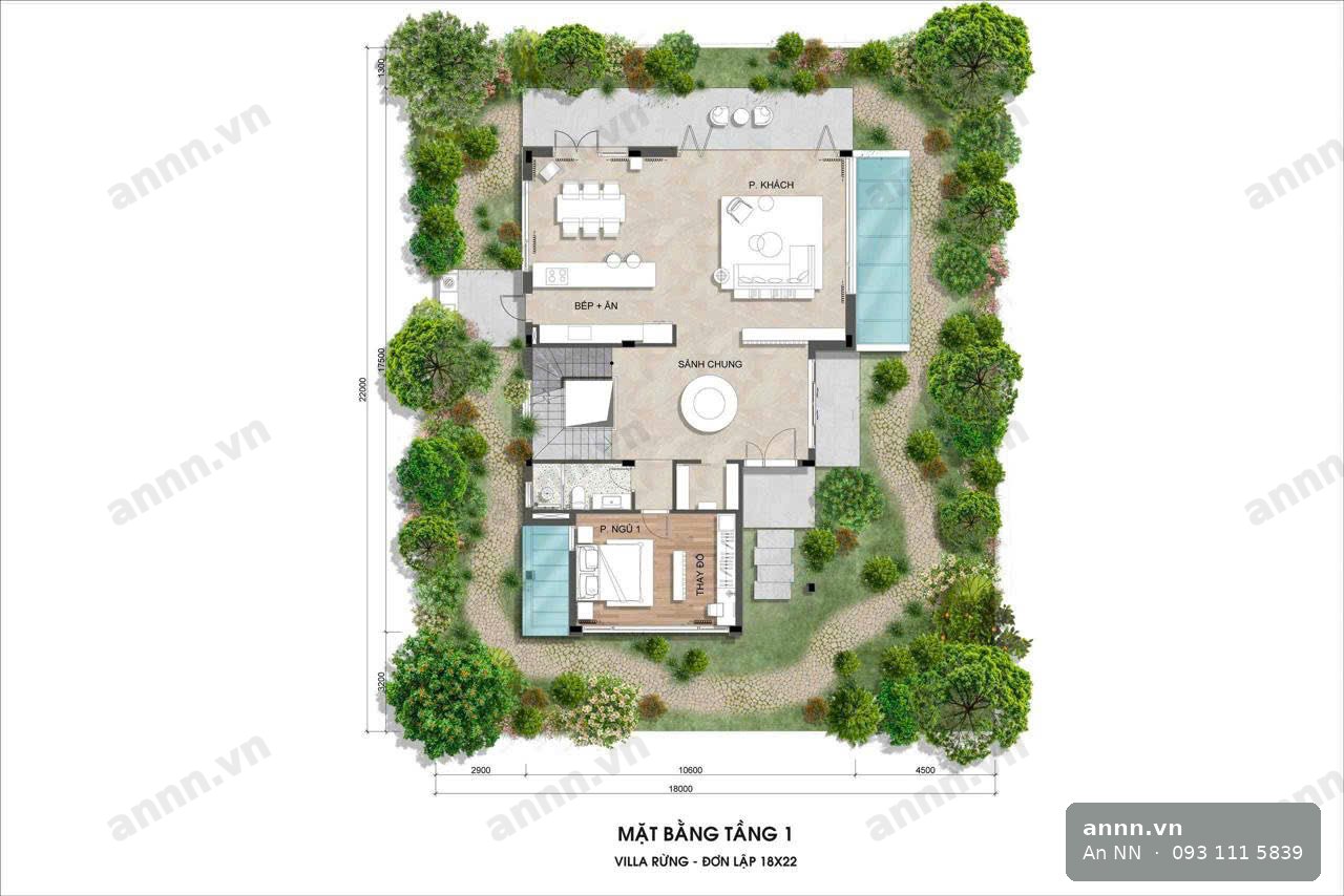 Mặt bằng tầng 1 — Villa Rừng – Đơn lập 18×22 m: phòng khách, bếp + ăn, sảnh chung, phòng ngủ 1 và bể bơi; kích thước đất 18.000 × 22.000 mm