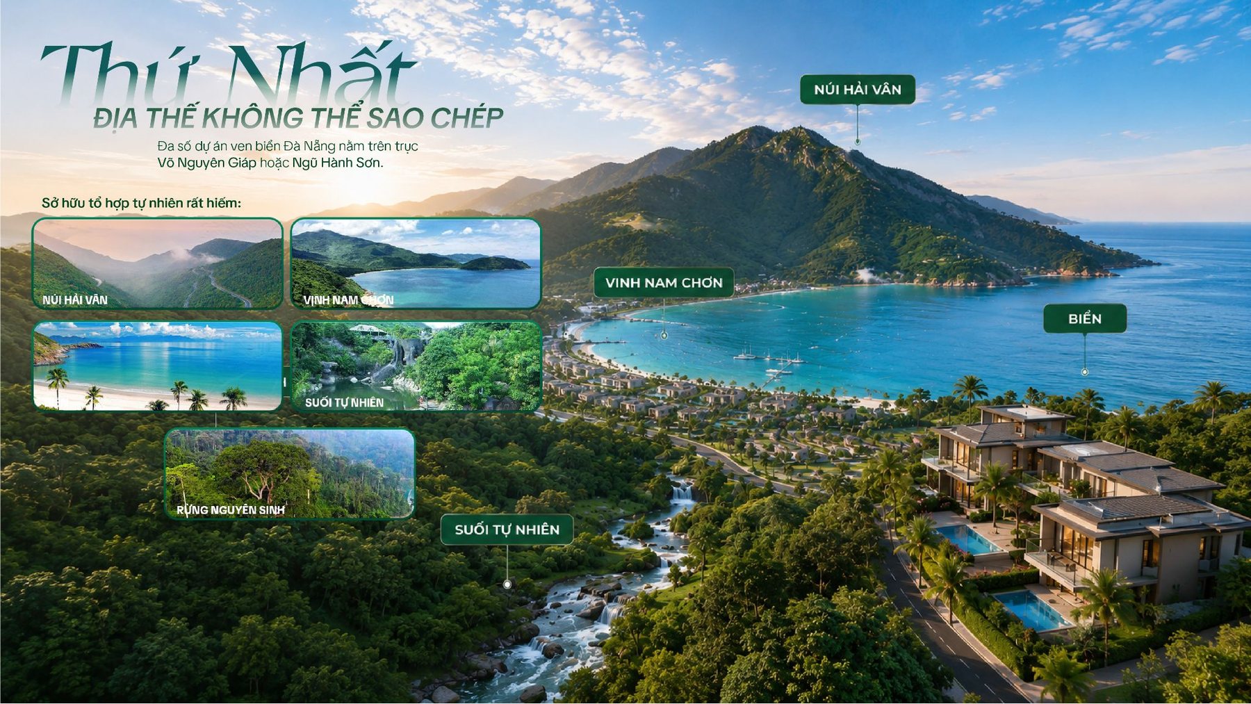 Địa thế hội tụ núi Hải Vân — vịnh biển — suối tự nhiên — rừng nguyên sinh (hình ảnh minh hoạ)