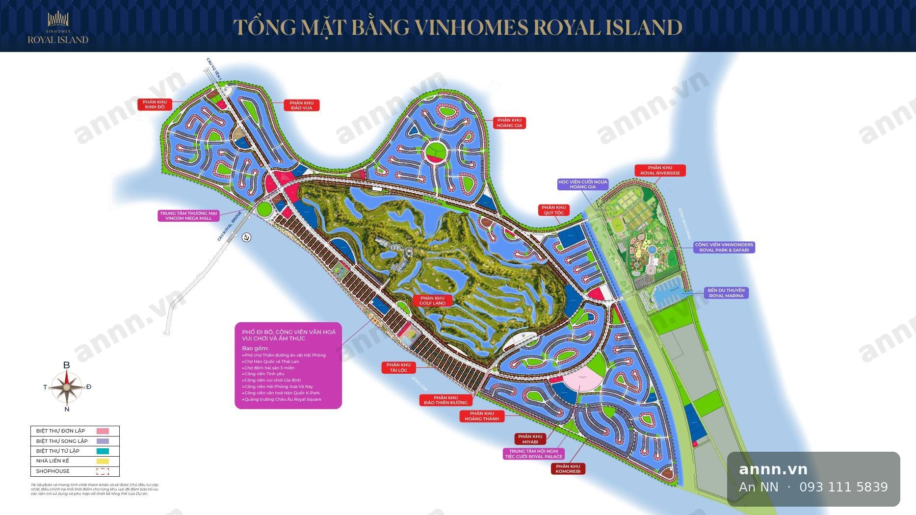 Tổng mặt bằng Vinhomes Royal Island trên đảo Vũ Yên. Nguồn: bản vẽ do chủ đầu tư phát hành — tài liệu mang tính tham khảo và có thể được chủ đầu tư cập nhật theo từng thời điểm.