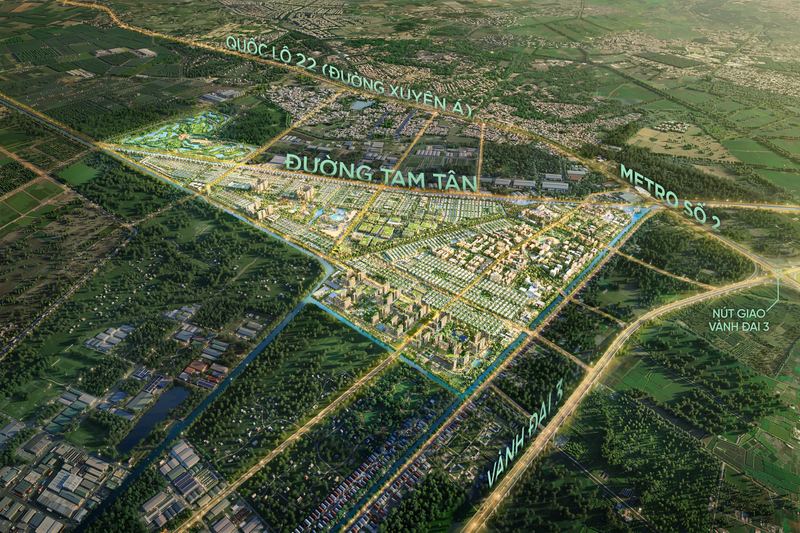 Phối cảnh tổng thể — kết nối Quốc lộ 22, đường Tam Tân và tuyến Metro số 2