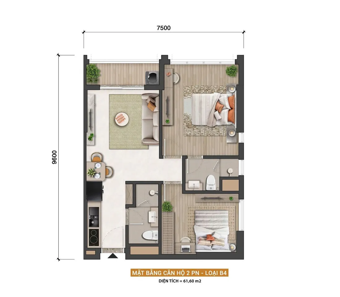 Căn hộ 2 phòng ngủ loại B4Diện tích 61,60 m2