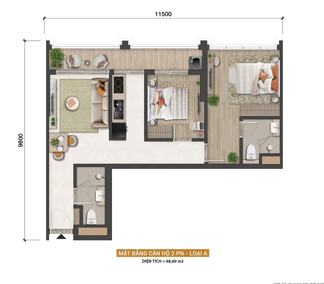 Căn hộ 2 phòng ngủ loại ADiện tích 68,60 m2