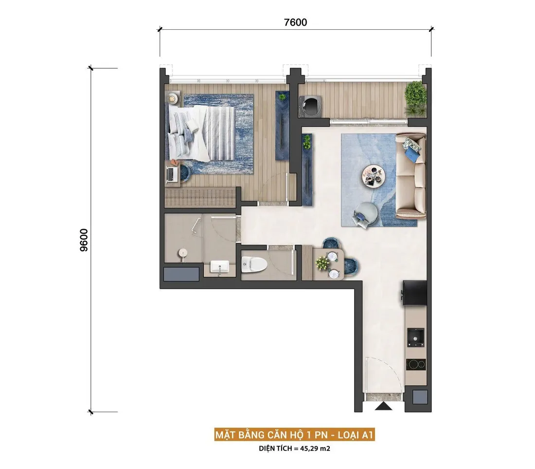 Căn hộ 1 phòng ngủ loại A1Diện tích 45,29 m2
