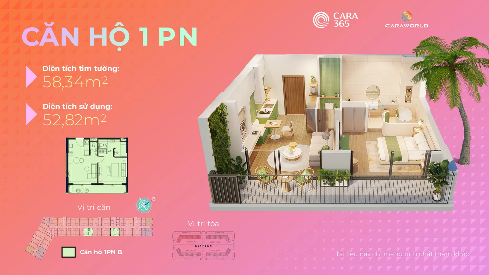 Căn hộ 1PN-BDT tim tường: 58.34m2DT sử dụng: 52.82m2