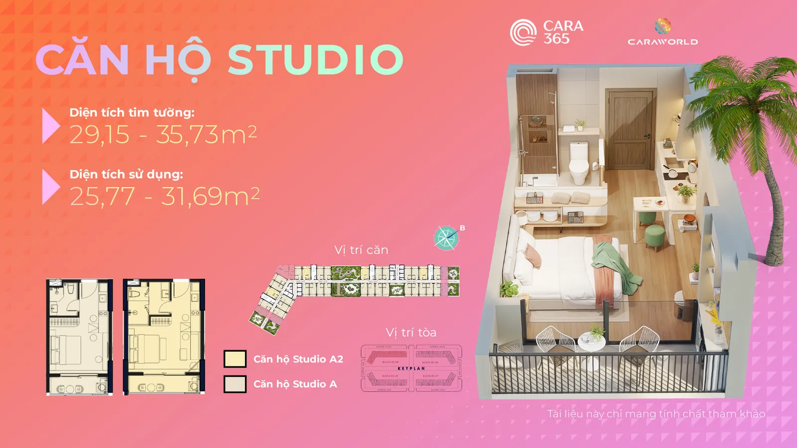 Căn hộ Studio DT tim tường: 29.15 - 35.73m2DT sử dụng: 25.77 - 31.69m2