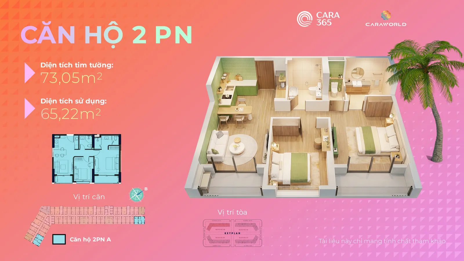 Căn hộ 2PN-ADT tim tường: 73.05m2DT sử dụng: 65.22m2