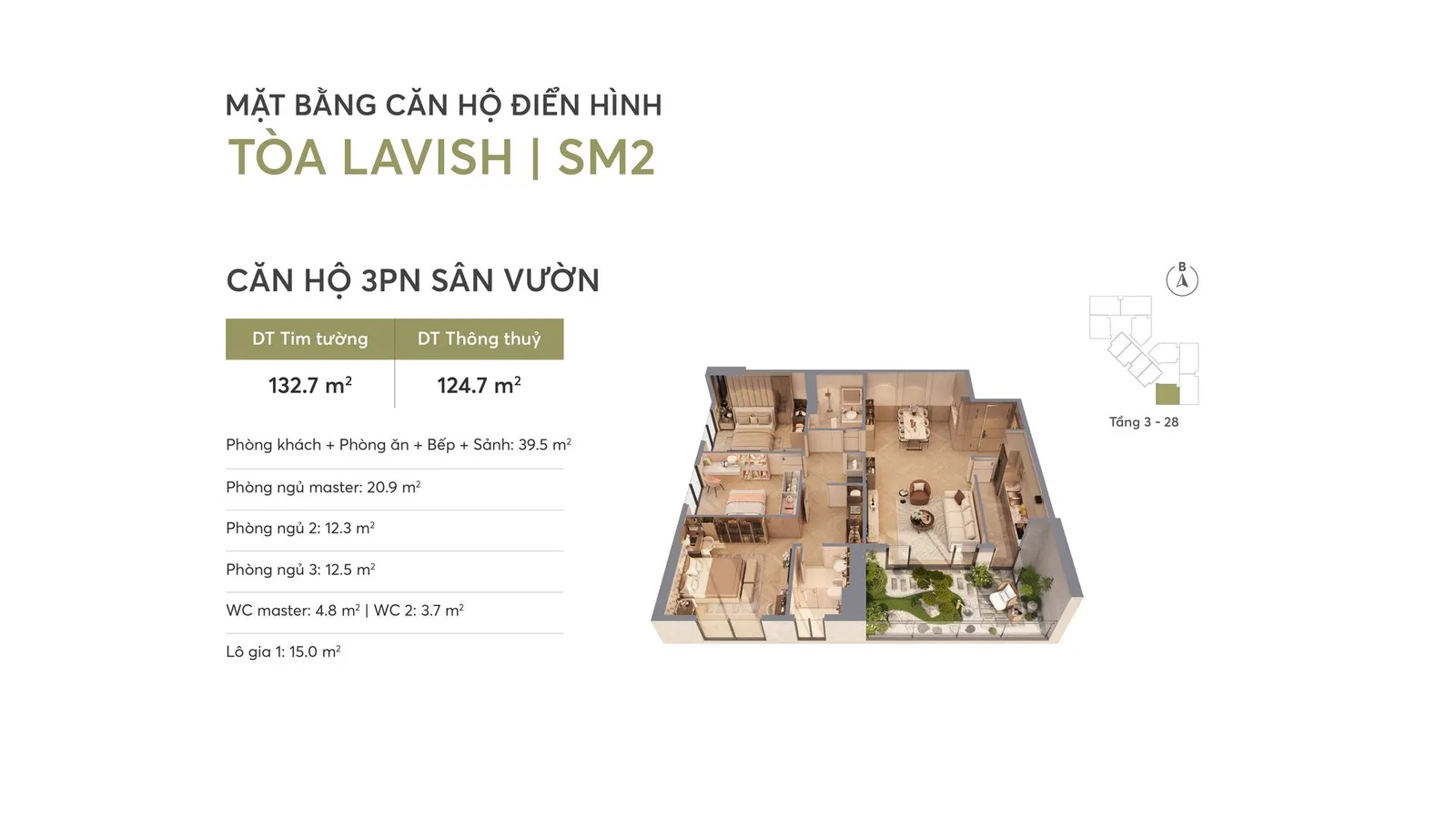 Căn hộ 3 phòng ngủ sân vườn