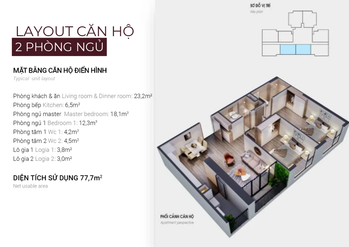 Căn hộ 2PNDT sử dụng 77.7 m2