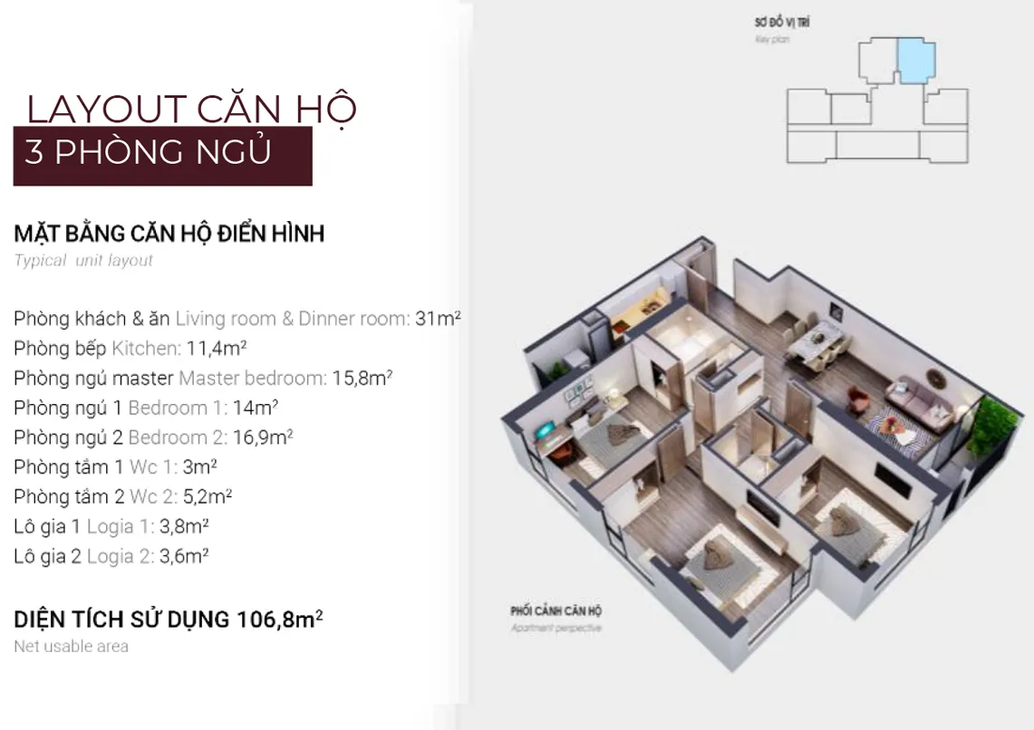 Căn hộ 3PNDT sử dụng 106,8 m2