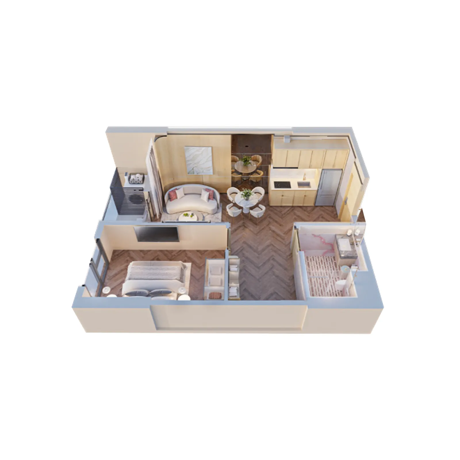 Căn hộ 1PN+ (Loại 1)DT tim tường: 49.99 m2DT thông thuỷ: 44.97 m2
