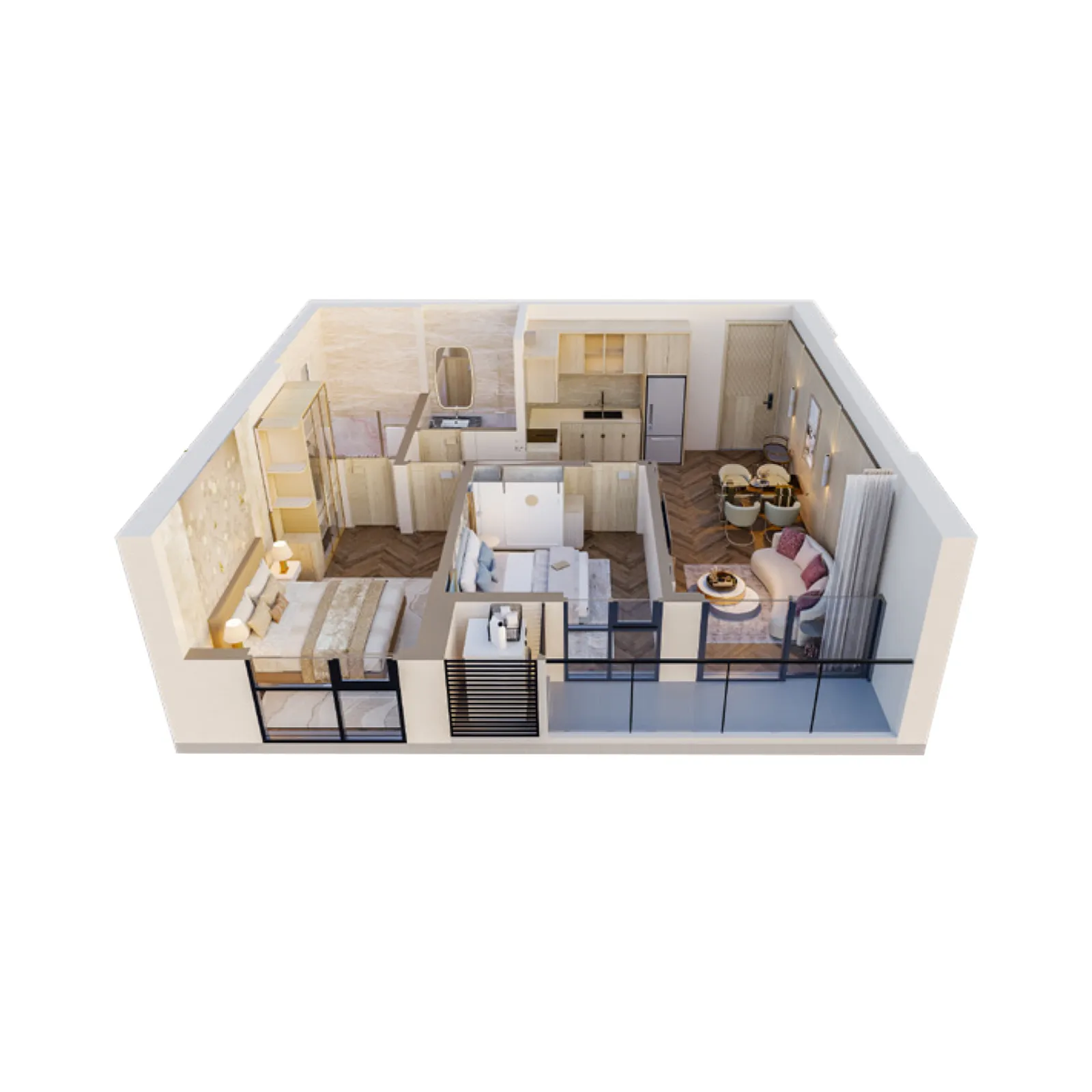 Căn hộ 2PN ( Loại 3)DT tim tường: 77.01 m2DT thông thuỷ: 69.99 m2
