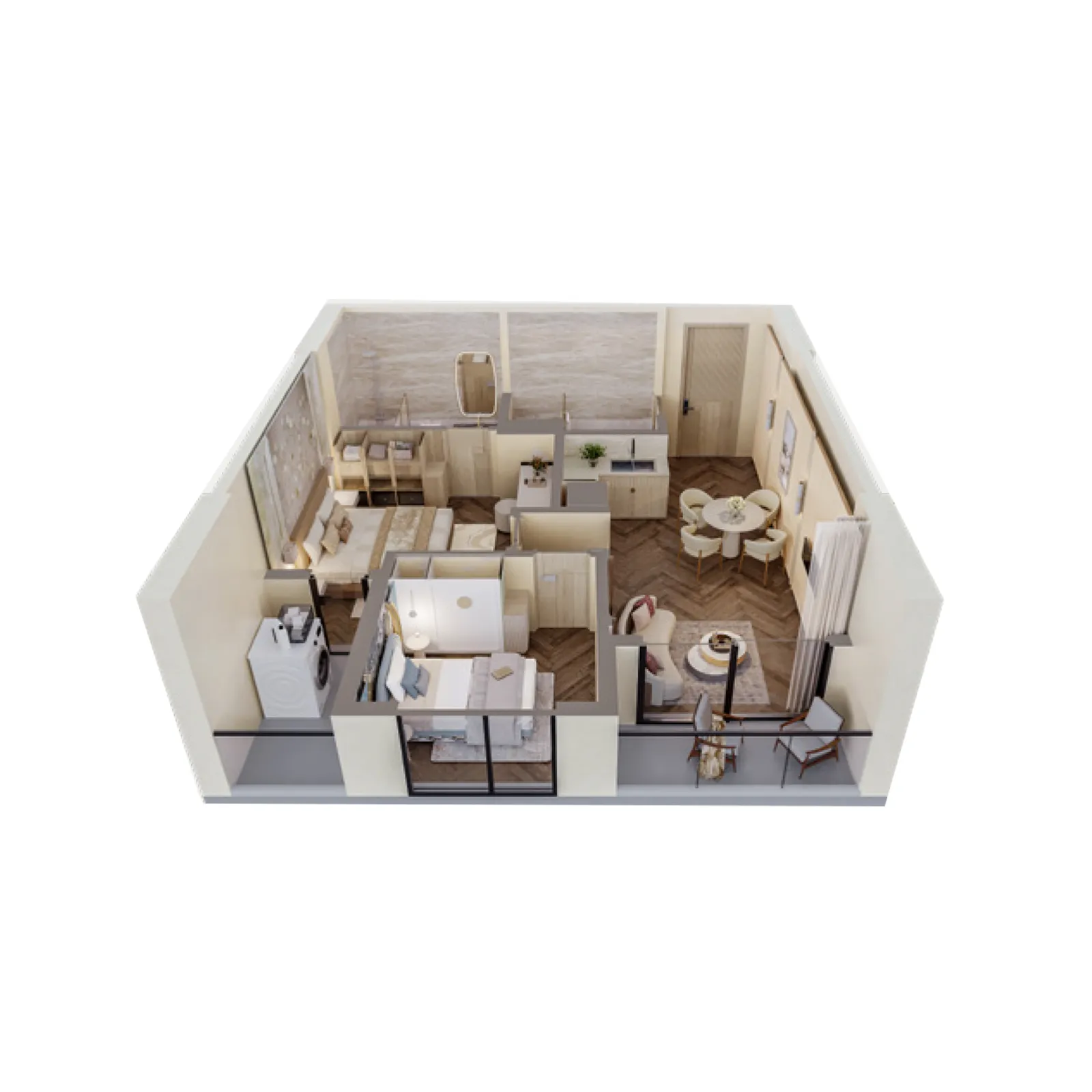 Căn hộ 2PN ( Loại 1)DT tim tường: 67.43 m2DT thông thuỷ: 61.06 m2